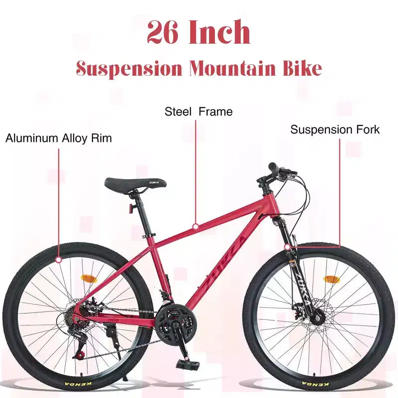 Bicicleta de montaña Whisen 26 con suspensión, cambio trasero de 8 velocidades, horquilla, neumáticos KENDA, frenos de disco dobles