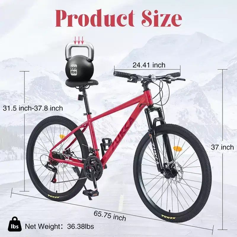 Bicicleta de montaña Whisen 26 con suspensión, cambio trasero de 8 velocidades, horquilla, neumáticos KENDA, frenos de disco dobles