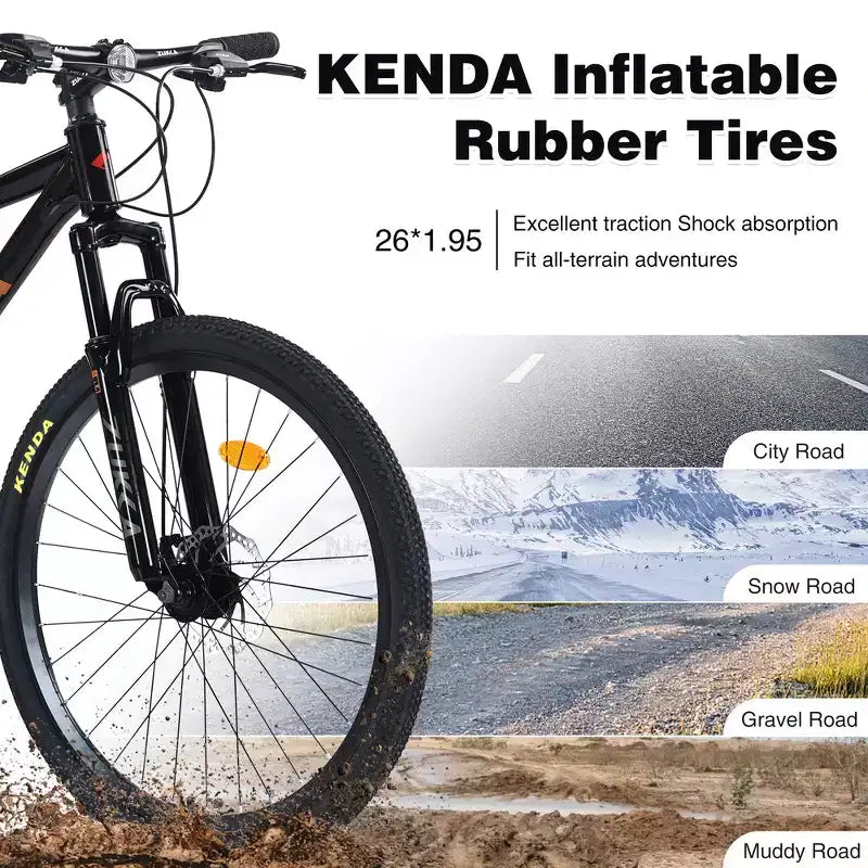 Bicicleta de montaña Whisen 26 con suspensión, cambio trasero de 8 velocidades, horquilla, neumáticos KENDA, frenos de disco dobles