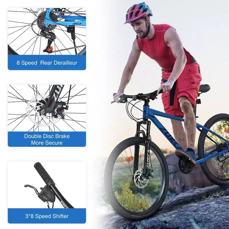 Bicicleta de montaña Whisen 26 con suspensión, cambio trasero de 8 velocidades, horquilla, neumáticos KENDA, frenos de disco dobles