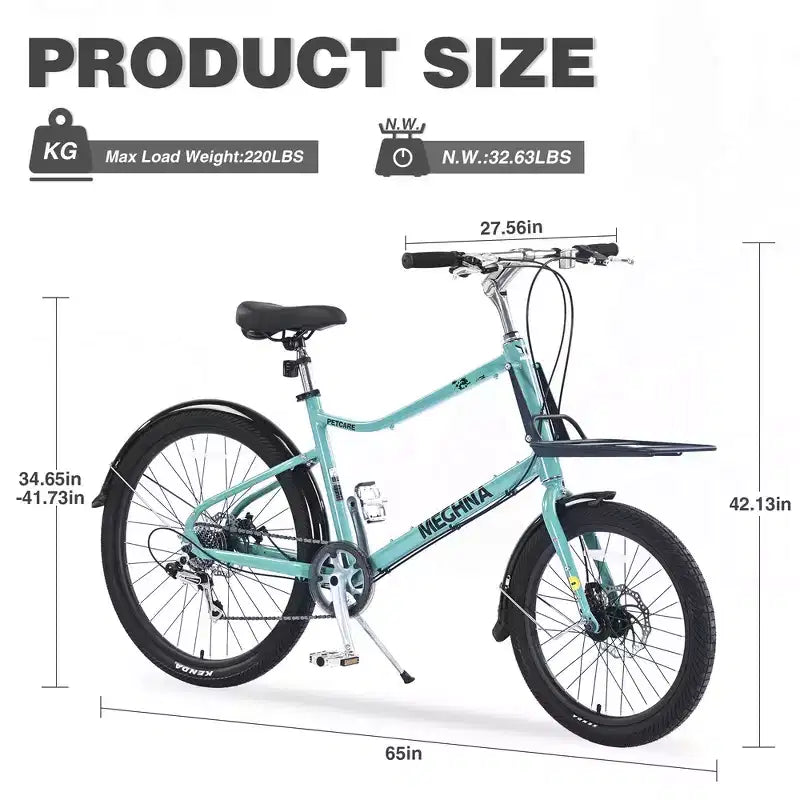 Bicicleta de carga Whisen 26 con 7 velocidades, cuadro de aleación de aluminio, frenos de doble disco para mujeres y hombres