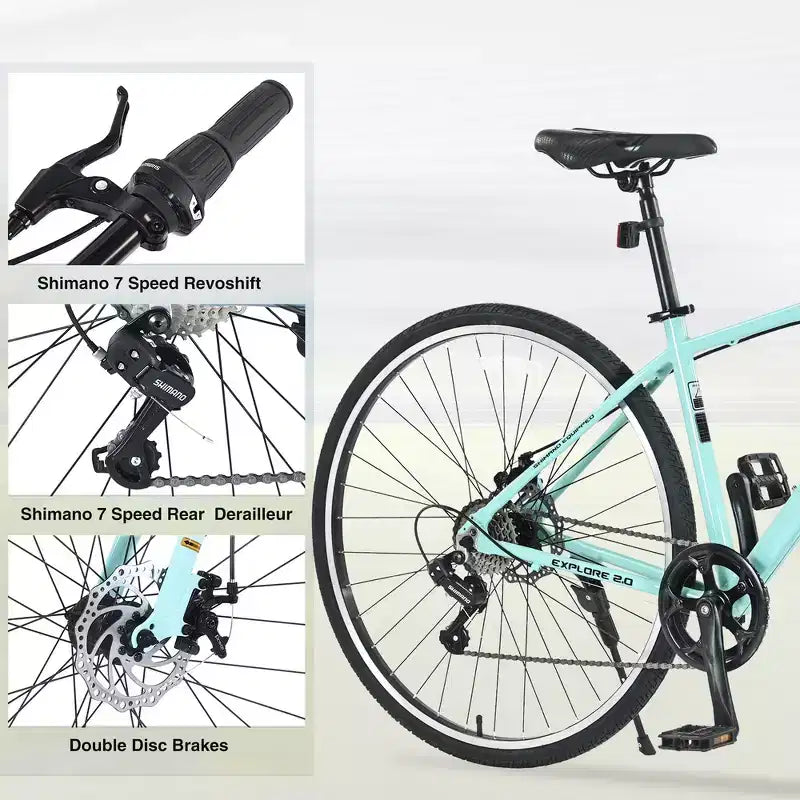 Bicicleta de carretera Whisen 28, bicicleta híbrida urbana con cuadro de aleación de aluminio Shimano de 7 velocidades y doble freno de disco