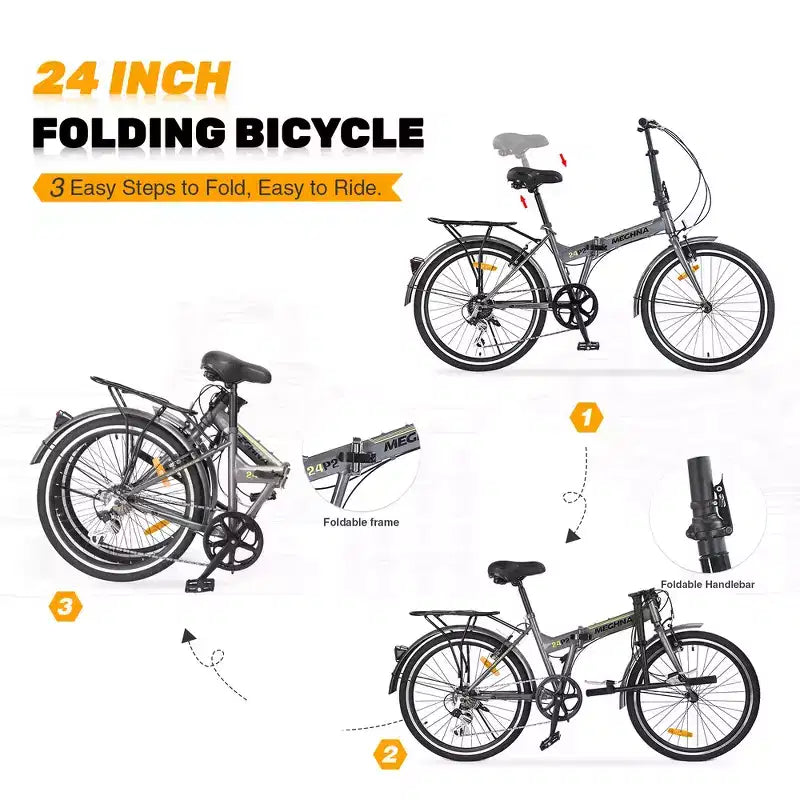 Bicicleta urbana plegable Whisen 24, bicicletas para adultos con Shimano de 7 velocidades, cuadro de acero