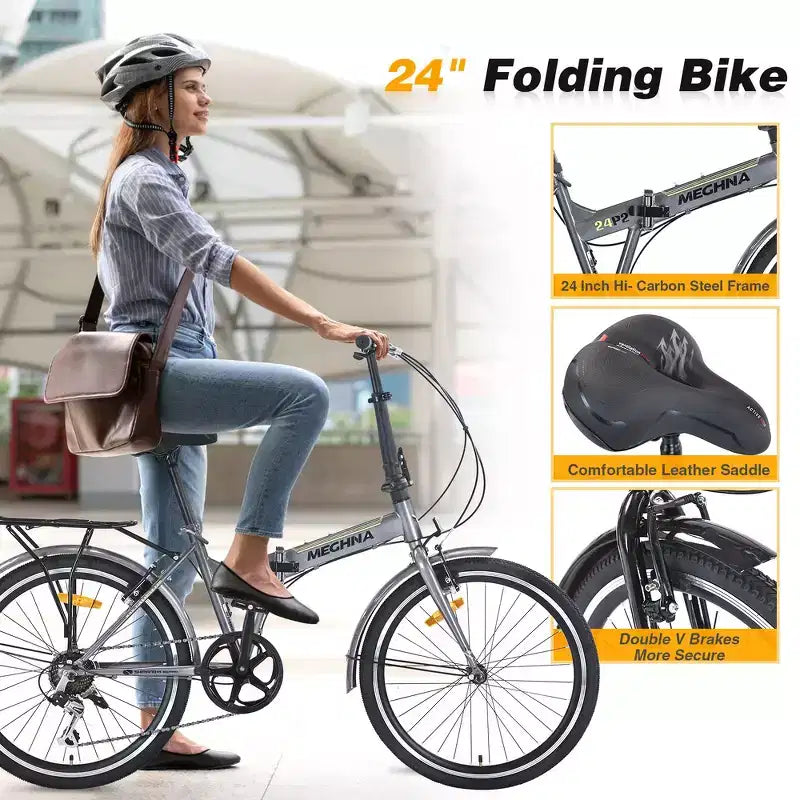Bicicleta urbana plegable Whisen 24, bicicletas para adultos con Shimano de 7 velocidades, cuadro de acero