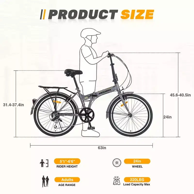 Bicicleta urbana plegable Whisen 24, bicicletas para adultos con Shimano de 7 velocidades, cuadro de acero