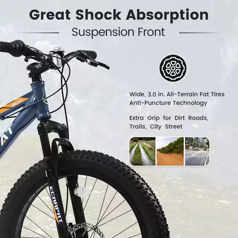 Bicicleta Okak de 24 pulgadas con neumáticos anchos y suspensión delantera, bicicleta de montaña de 7 velocidades con freno de disco y cuadro de acero de alto carbono, bicicleta de paseo para ir al trabajo