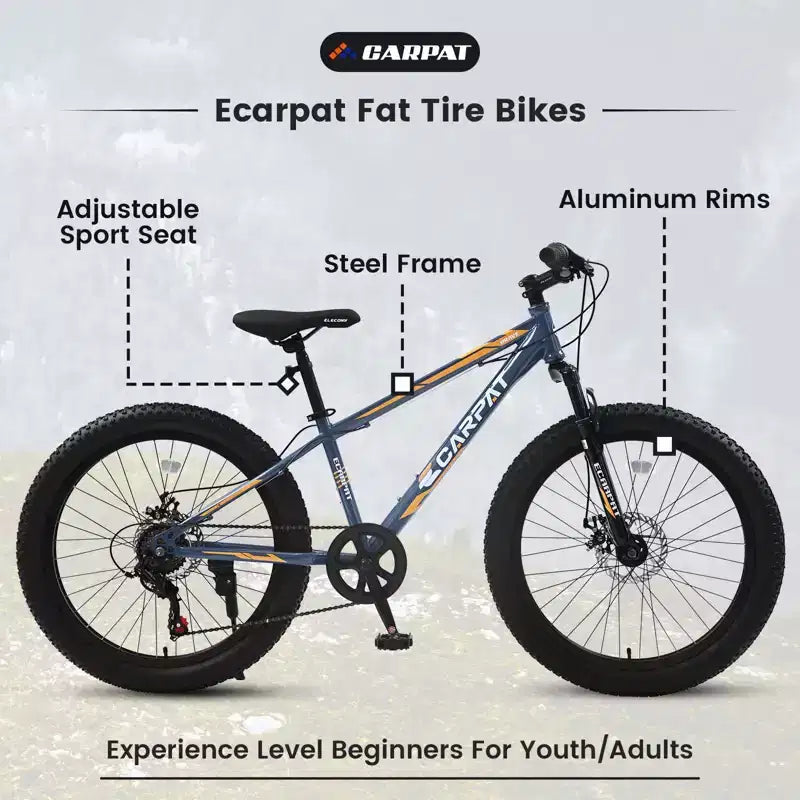 Bicicleta Okak de 24 pulgadas con neumáticos anchos y suspensión delantera, bicicleta de montaña de 7 velocidades con freno de disco y cuadro de acero de alto carbono, bicicleta de paseo para ir al trabajo