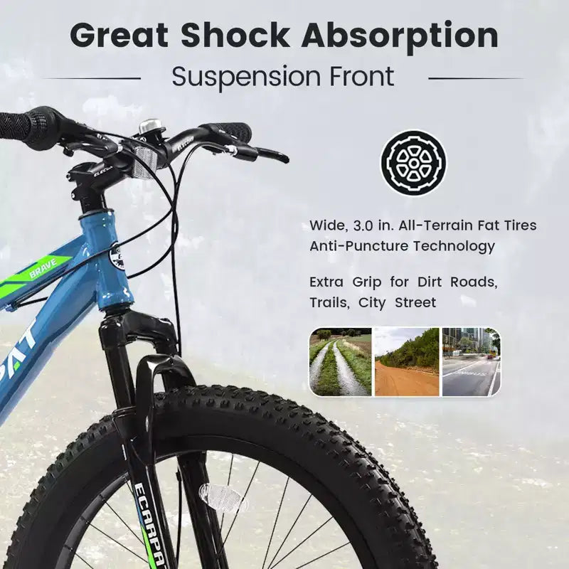 Bicicleta Okak de 24 pulgadas con neumáticos anchos y suspensión delantera, bicicleta de montaña de 7 velocidades con freno de disco y cuadro de acero de alto carbono, bicicleta de paseo para ir al trabajo