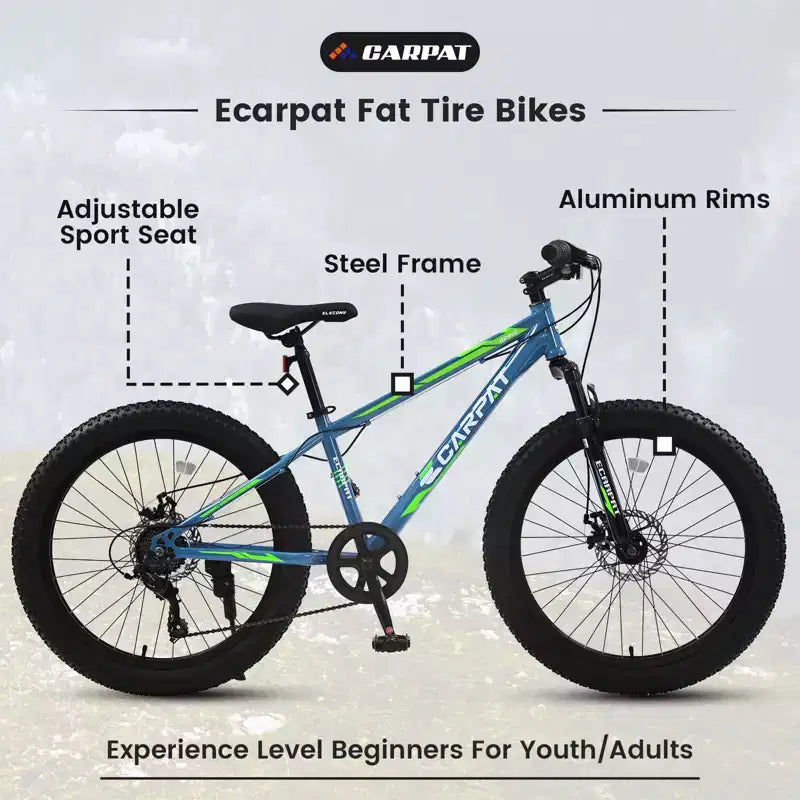 Bicicleta Okak de 24 pulgadas con neumáticos anchos y suspensión delantera, bicicleta de montaña de 7 velocidades con freno de disco y cuadro de acero de alto carbono, bicicleta de paseo para ir al trabajo