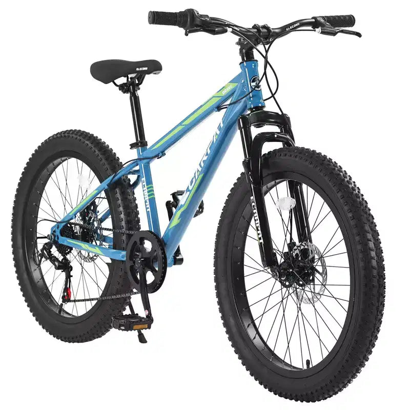 Bicicleta Okak de 24 pulgadas con neumáticos anchos y suspensión delantera, bicicleta de montaña de 7 velocidades con freno de disco y cuadro de acero de alto carbono, bicicleta de paseo para ir al trabajo