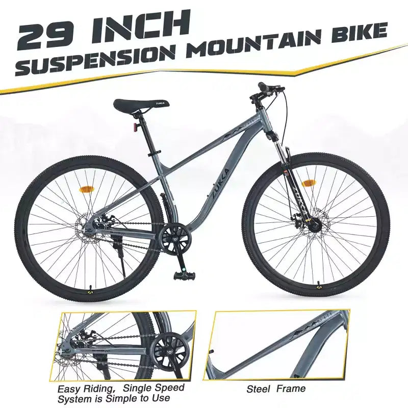 Bicicleta de Montaña Okak 29IN de Una Sola Velocidad, Bicicleta para Adultos con Cuadro de Acero y Suspensión Delantera, Bicicleta para Hombres para Viajes Diarios, Viajes, Montaña