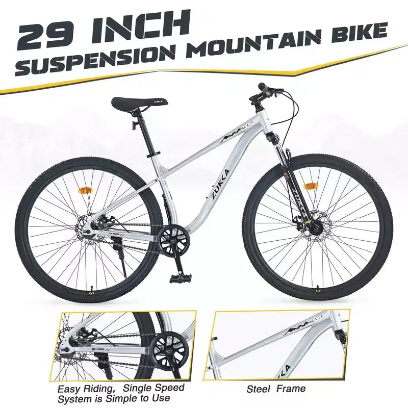 Bicicleta de Montaña Okak 29IN de Una Sola Velocidad, Bicicleta para Adultos con Cuadro de Acero y Suspensión Delantera, Bicicleta para Hombres para Viajes Diarios, Viajes, Montaña