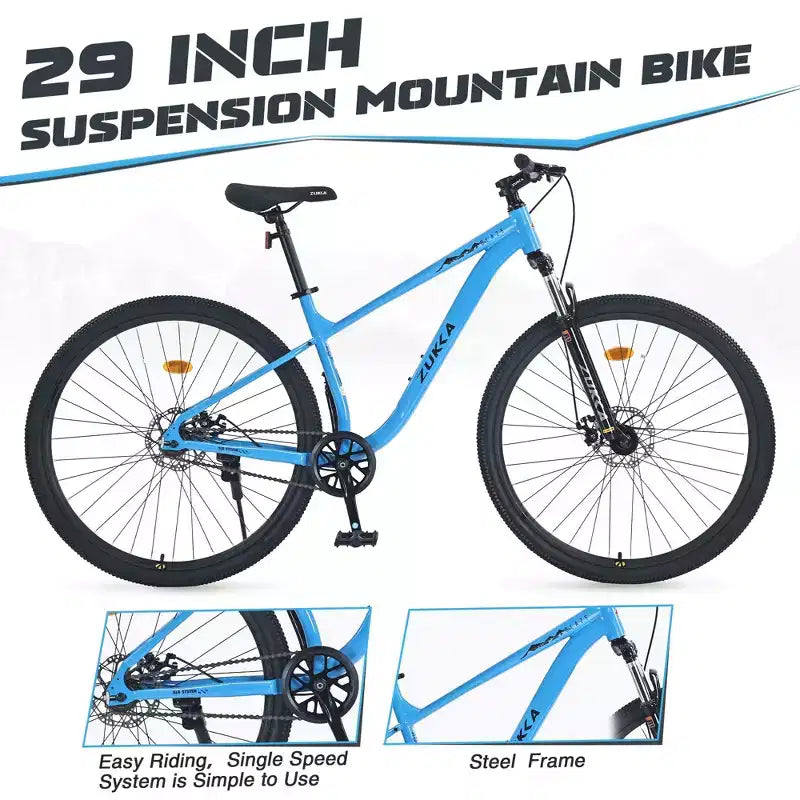 Bicicleta de Montaña Okak 29IN de Una Sola Velocidad, Bicicleta para Adultos con Cuadro de Acero y Suspensión Delantera, Bicicleta para Hombres para Viajes Diarios, Viajes, Montaña