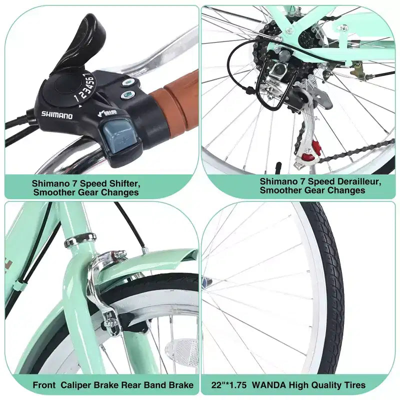 Bicicletas cruiser Okak de 22 pulgadas con cesta delantera, bicicletas para niñas con cuadro de acero, freno en V y sillines cómodos, bicicleta para adultos para niñas y mujeres