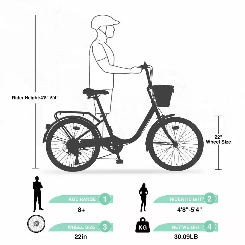 Bicicletas cruiser Okak de 22 pulgadas con cesta delantera, bicicletas para niñas con cuadro de acero, freno en V y sillines cómodos, bicicleta para adultos para niñas y mujeres