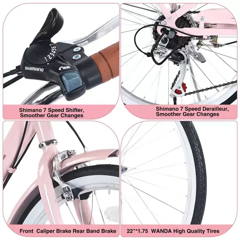 Bicicletas cruiser Okak de 22 pulgadas con cesta delantera, bicicletas para niñas con cuadro de acero, freno en V y sillines cómodos, bicicleta para adultos para niñas y mujeres