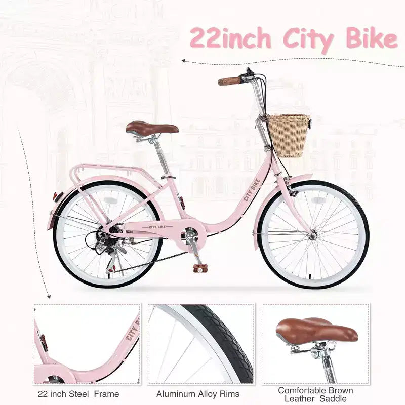 Bicicletas cruiser Okak de 22 pulgadas con cesta delantera, bicicletas para niñas con cuadro de acero, freno en V y sillines cómodos, bicicleta para adultos para niñas y mujeres