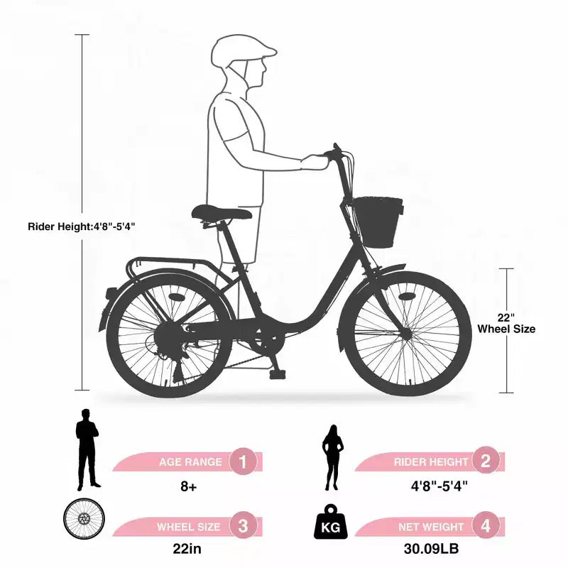 Bicicletas cruiser Okak de 22 pulgadas con cesta delantera, bicicletas para niñas con cuadro de acero, freno en V y sillines cómodos, bicicleta para adultos para niñas y mujeres
