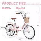 Bicicletas cruiser Okak de 22 pulgadas con cesta delantera, bicicletas para niñas con cuadro de acero, freno en V y sillines cómodos, bicicleta para adultos para niñas y mujeres