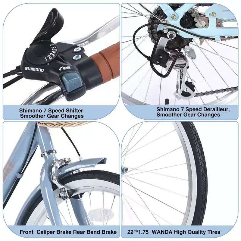 Bicicletas cruiser Okak de 22 pulgadas con cesta delantera, bicicletas para niñas con cuadro de acero, freno en V y sillines cómodos, bicicleta para adultos para niñas y mujeres