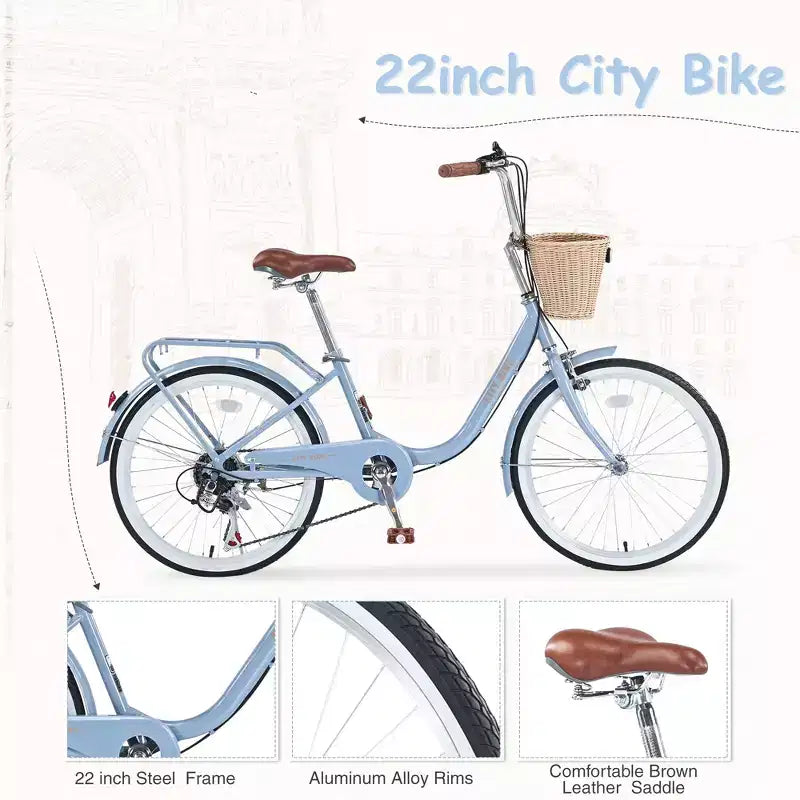 Bicicletas cruiser Okak de 22 pulgadas con cesta delantera, bicicletas para niñas con cuadro de acero, freno en V y sillines cómodos, bicicleta para adultos para niñas y mujeres
