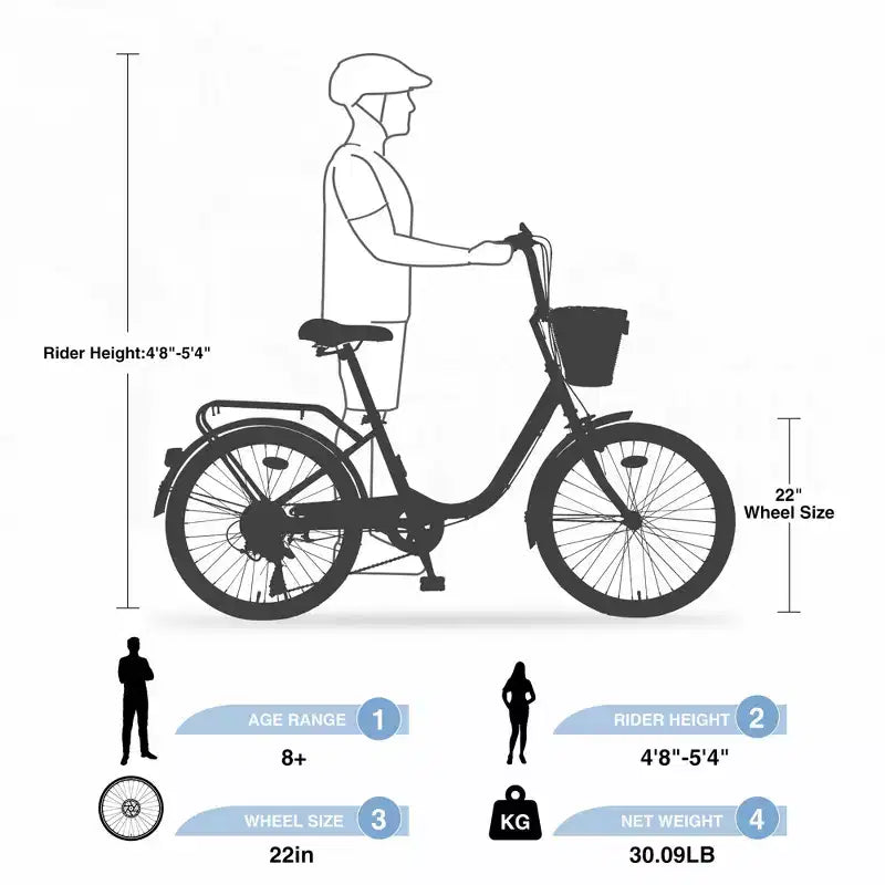 Bicicletas cruiser Okak de 22 pulgadas con cesta delantera, bicicletas para niñas con cuadro de acero, freno en V y sillines cómodos, bicicleta para adultos para niñas y mujeres