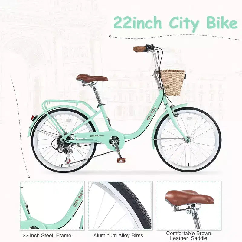 Bicicletas cruiser Okak de 22 pulgadas con cesta delantera, bicicletas para niñas con cuadro de acero, freno en V y sillines cómodos, bicicleta para adultos para niñas y mujeres