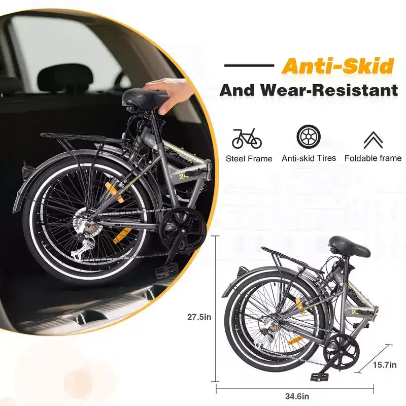Bicicleta Plegable Okak de 24 pulgadas con 7 velocidades y cuadro de acero, bicicletas cruiser con parrilla trasera y guardabarros, bicicleta para adultos para viajes y desplazamientos