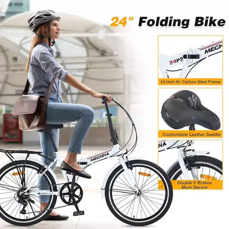 Bicicleta Plegable Okak de 24 pulgadas con 7 velocidades y cuadro de acero, bicicletas cruiser con parrilla trasera y guardabarros, bicicleta para adultos para viajes y desplazamientos