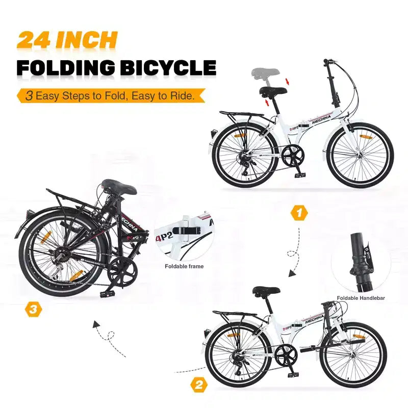 Bicicleta Plegable Okak de 24 pulgadas con 7 velocidades y cuadro de acero, bicicletas cruiser con parrilla trasera y guardabarros, bicicleta para adultos para viajes y desplazamientos