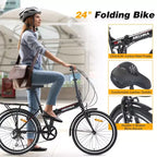 Bicicleta Plegable Okak de 24 pulgadas con 7 velocidades y cuadro de acero, bicicletas cruiser con parrilla trasera y guardabarros, bicicleta para adultos para viajes y desplazamientos