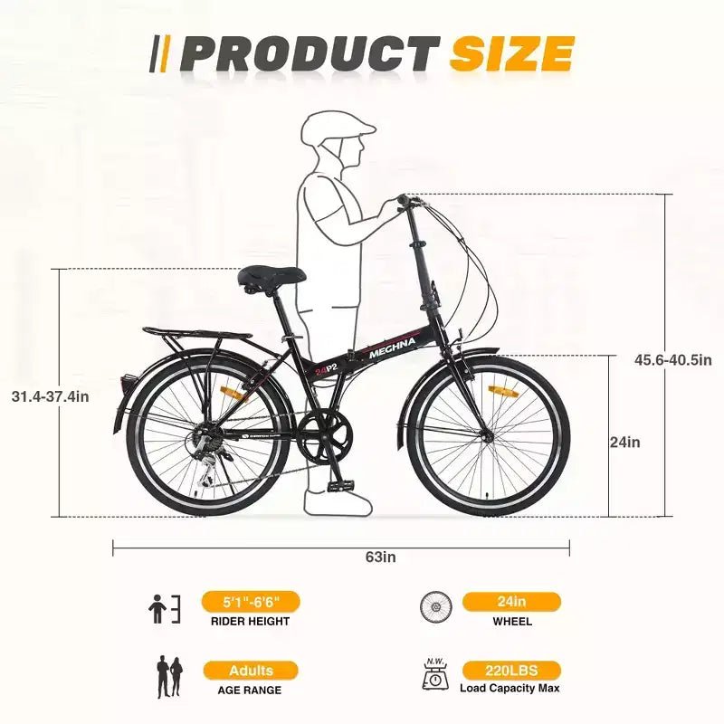 Bicicleta Plegable Okak de 24 pulgadas con 7 velocidades y cuadro de acero, bicicletas cruiser con parrilla trasera y guardabarros, bicicleta para adultos para viajes y desplazamientos