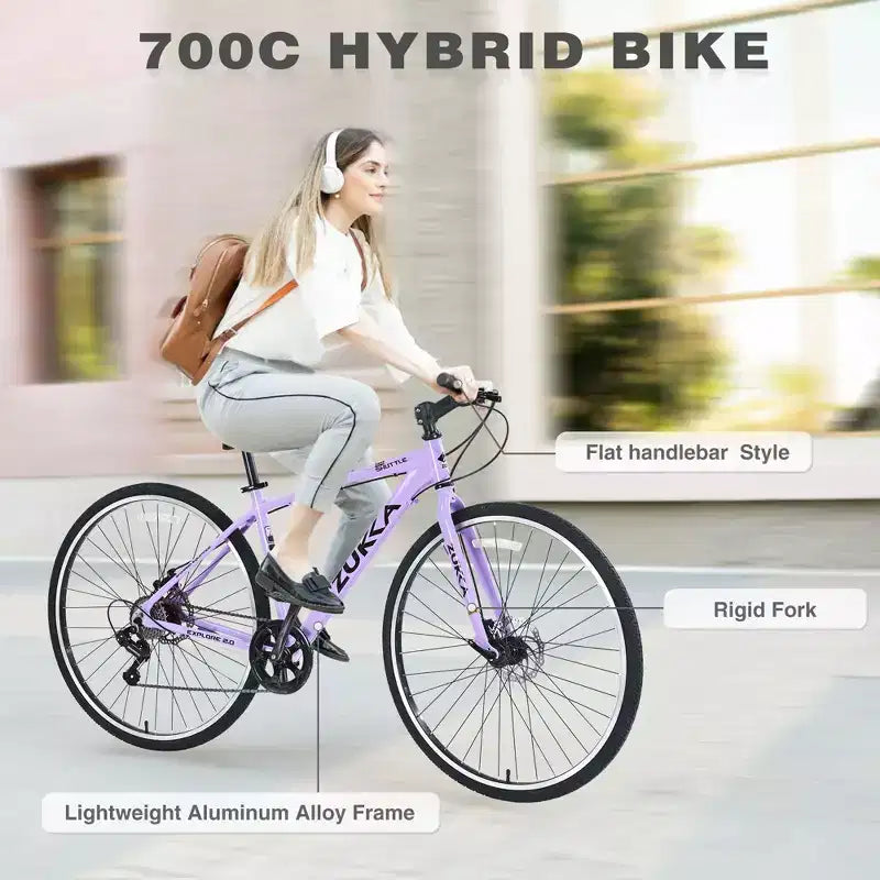 Bicicleta Híbrida Okak 700C con Cuadro de Aleación de Aluminio y Frenos de Disco Dobles, Bicicleta de Carretera con Manillar Plano, Bicicleta para Adultos para Ciclismo en Carretera y Viajes