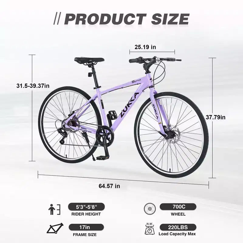 Bicicleta Híbrida Okak 700C con Cuadro de Aleación de Aluminio y Frenos de Disco Dobles, Bicicleta de Carretera con Manillar Plano, Bicicleta para Adultos para Ciclismo en Carretera y Viajes