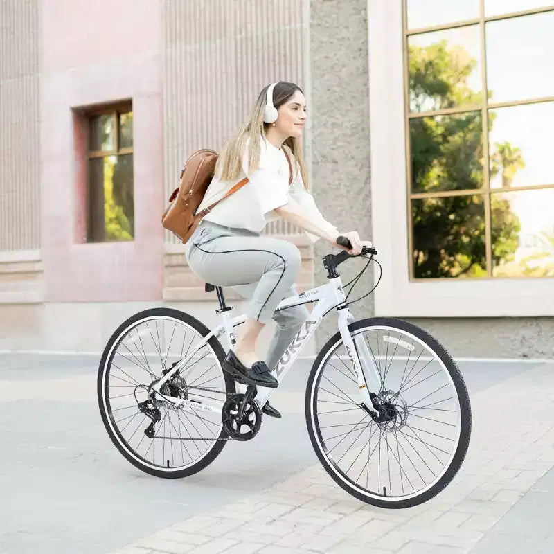Bicicleta Híbrida Okak 700C con Cuadro de Aleación de Aluminio y Frenos de Disco Dobles, Bicicleta de Carretera con Manillar Plano, Bicicleta para Adultos para Ciclismo en Carretera y Viajes