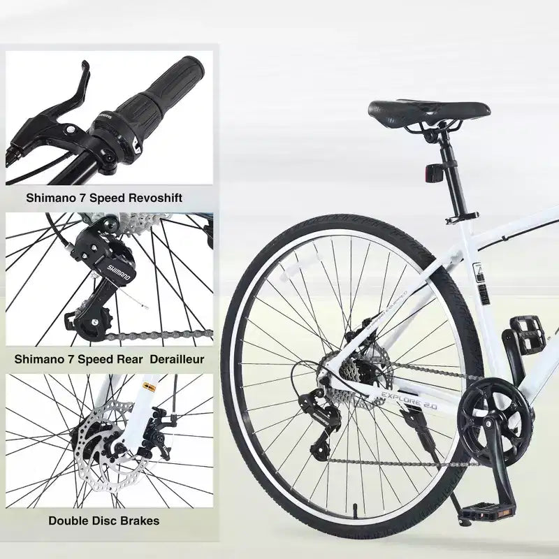 Bicicleta Híbrida Okak 700C con Cuadro de Aleación de Aluminio y Frenos de Disco Dobles, Bicicleta de Carretera con Manillar Plano, Bicicleta para Adultos para Ciclismo en Carretera y Viajes