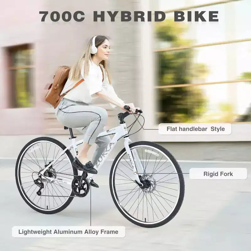 Bicicleta Híbrida Okak 700C con Cuadro de Aleación de Aluminio y Frenos de Disco Dobles, Bicicleta de Carretera con Manillar Plano, Bicicleta para Adultos para Ciclismo en Carretera y Viajes