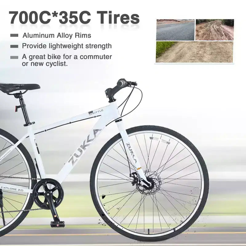 Bicicleta Híbrida Okak 700C con Cuadro de Aleación de Aluminio y Frenos de Disco Dobles, Bicicleta de Carretera con Manillar Plano, Bicicleta para Adultos para Ciclismo en Carretera y Viajes