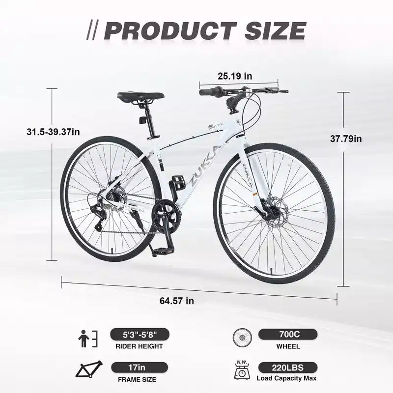 Bicicleta Híbrida Okak 700C con Cuadro de Aleación de Aluminio y Frenos de Disco Dobles, Bicicleta de Carretera con Manillar Plano, Bicicleta para Adultos para Ciclismo en Carretera y Viajes