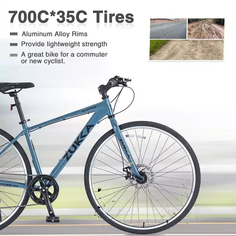 Bicicleta Híbrida Okak 700C con Cuadro de Aleación de Aluminio y Frenos de Disco Dobles, Bicicleta de Carretera con Manillar Plano, Bicicleta para Adultos para Ciclismo en Carretera y Viajes