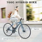 Bicicleta Híbrida Okak 700C con Cuadro de Aleación de Aluminio y Frenos de Disco Dobles, Bicicleta de Carretera con Manillar Plano, Bicicleta para Adultos para Ciclismo en Carretera y Viajes