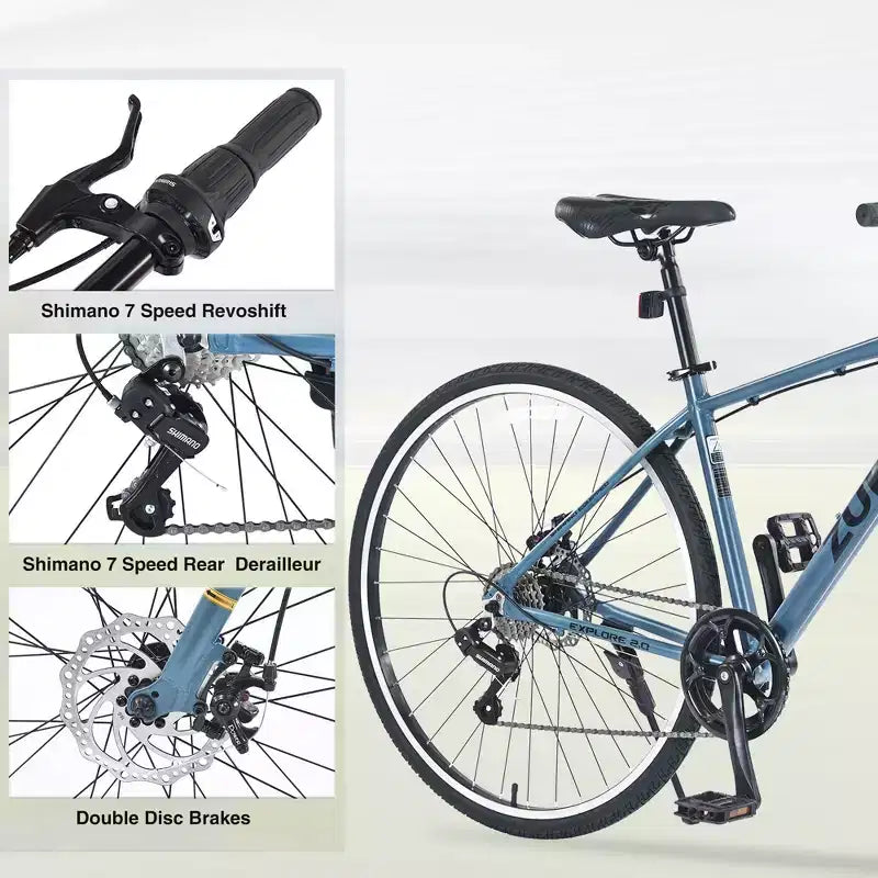 Bicicleta Híbrida Okak 700C con Cuadro de Aleación de Aluminio y Frenos de Disco Dobles, Bicicleta de Carretera con Manillar Plano, Bicicleta para Adultos para Ciclismo en Carretera y Viajes