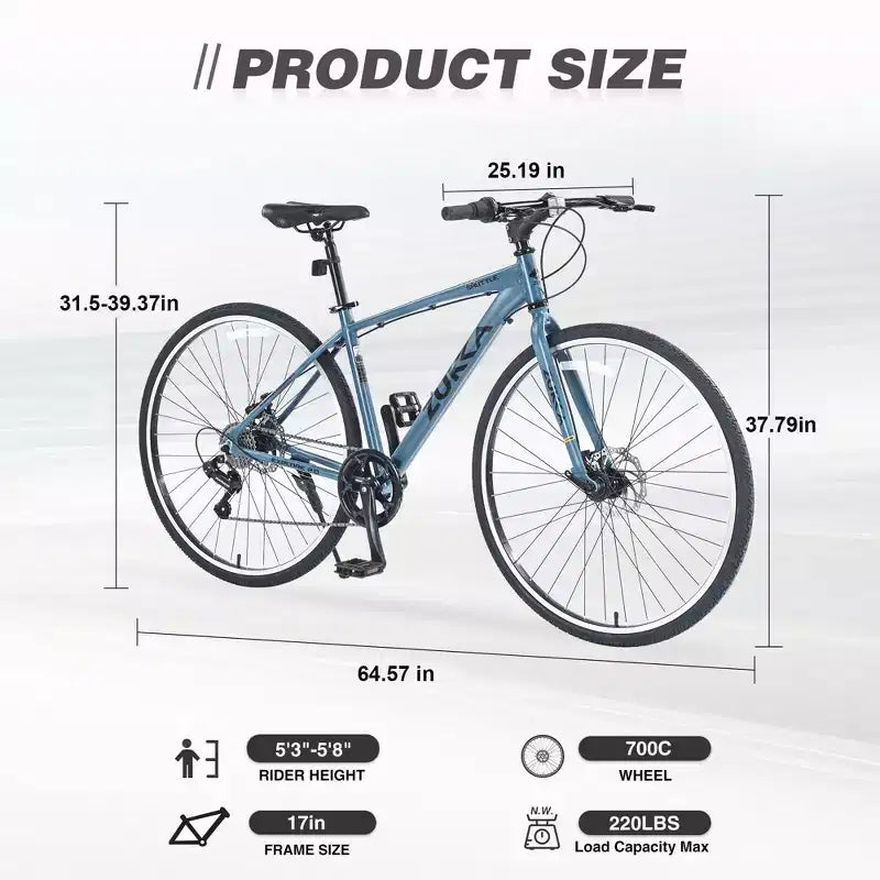 Bicicleta Híbrida Okak 700C con Cuadro de Aleación de Aluminio y Frenos de Disco Dobles, Bicicleta de Carretera con Manillar Plano, Bicicleta para Adultos para Ciclismo en Carretera y Viajes
