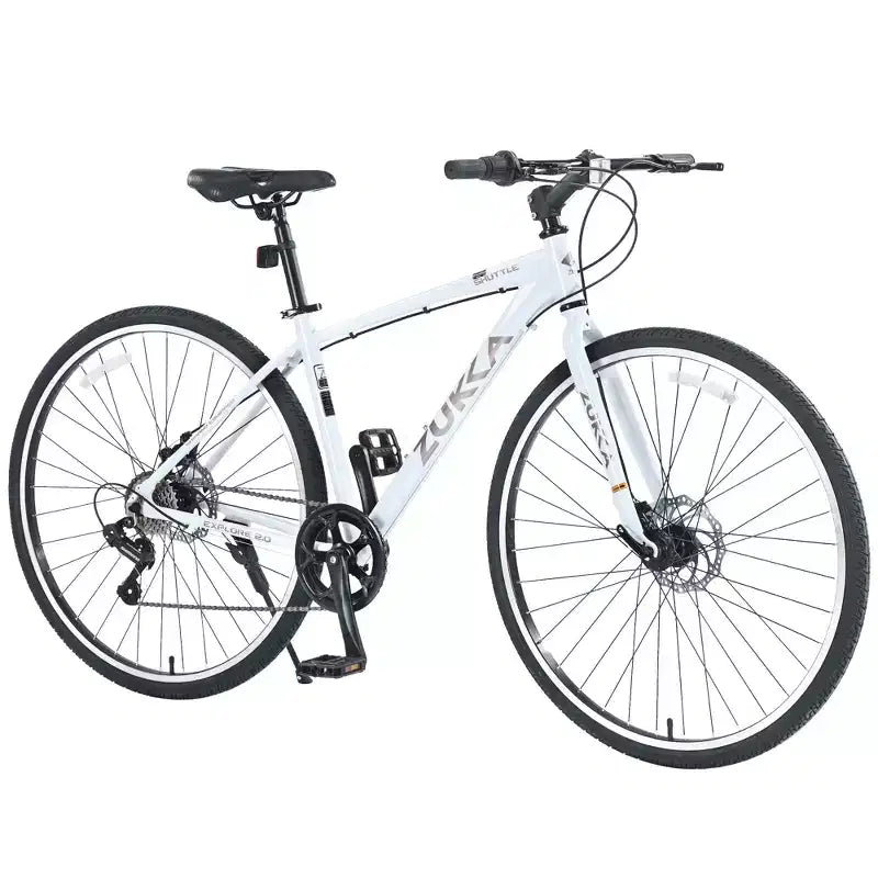 Bicicleta Híbrida Okak 700C con Cuadro de Aleación de Aluminio y Frenos de Disco Dobles, Bicicleta de Carretera con Manillar Plano, Bicicleta para Adultos para Ciclismo en Carretera y Viajes