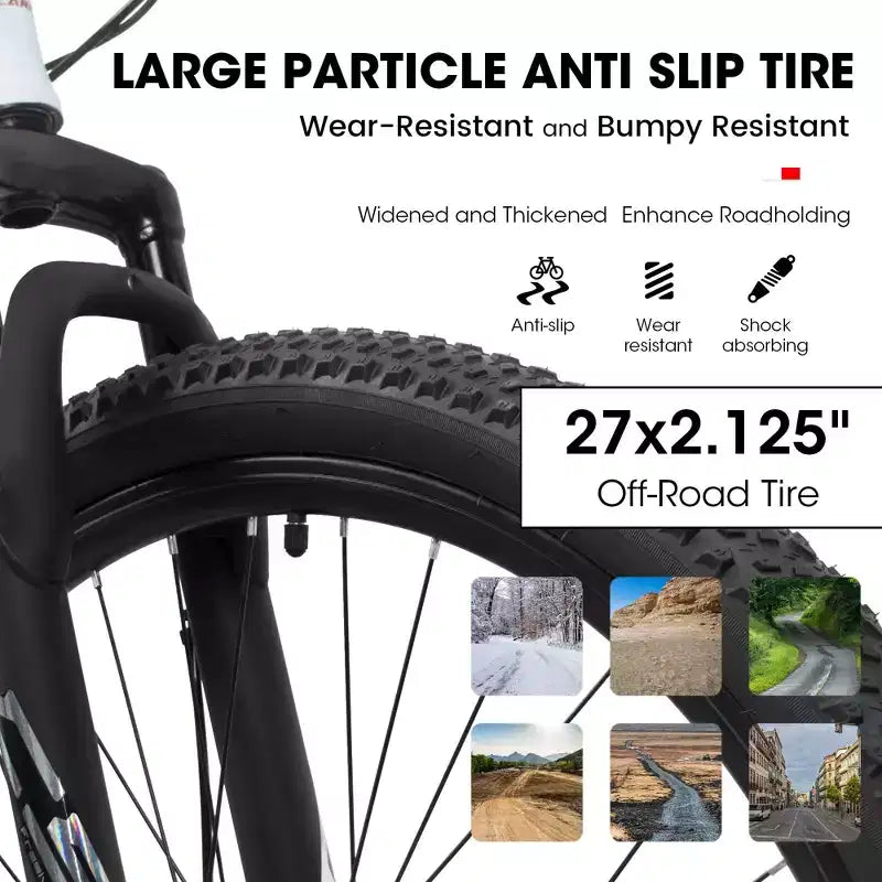 Bicicleta de montaña Okak de 27 pulgadas con horquilla de suspensión y cuadro de aluminio, bicicleta de tierra de 21 velocidades con freno de disco, bicicleta para adultos para hombres y y mujeres
