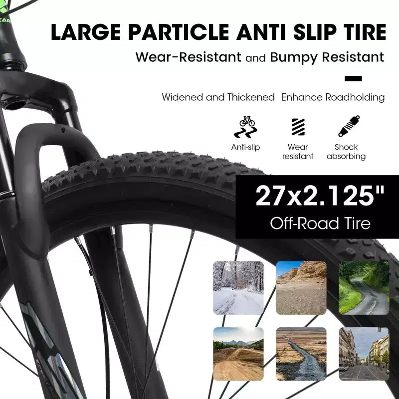Bicicleta de montaña Okak de 27 pulgadas con horquilla de suspensión y cuadro de aluminio, bicicleta de tierra de 21 velocidades con freno de disco, bicicleta para adultos para hombres y y mujeres