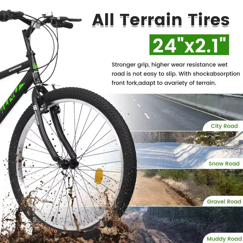 Bicicleta de Montaña Okak 24IN con Cuadro de Acero al Carbono, Bicicleta para Niños de 21 Velocidades con Doble Freno V y Asiento Ergonómico, Bicicleta para Viajes Diarios y Ocio