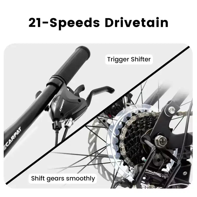 Bicicleta de montaña Okak de 24 pulgadas de acero al carbono con suspensión completa, bicicleta para hombre con palanca de cambios de 21 velocidades y frenos de disco, bicicleta para niños y adultos