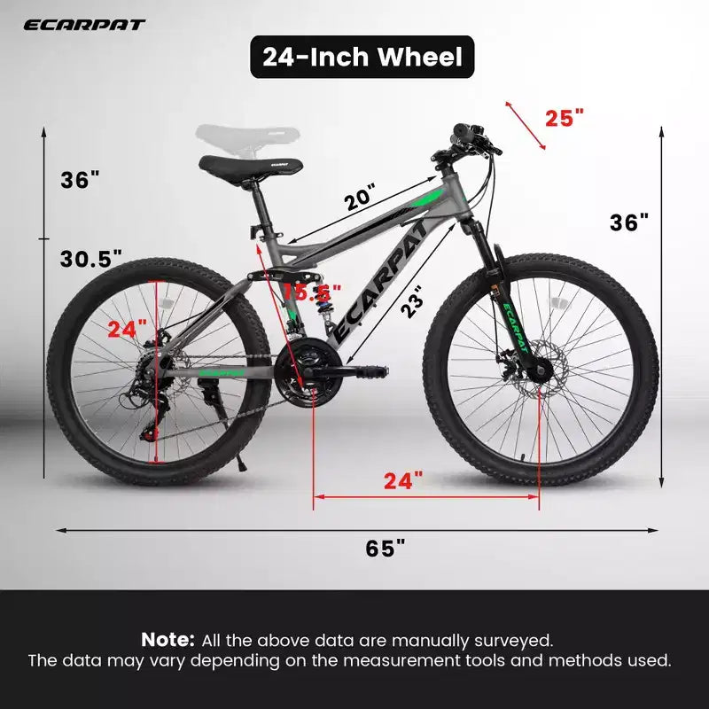 Bicicleta de montaña Okak de 24 pulgadas de acero al carbono con suspensión completa, bicicleta para hombre con palanca de cambios de 21 velocidades y frenos de disco, bicicleta para niños y adultos