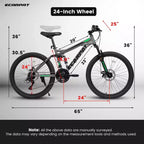 Bicicleta de montaña Okak de 24 pulgadas de acero al carbono con suspensión completa, bicicleta para hombre con palanca de cambios de 21 velocidades y frenos de disco, bicicleta para niños y adultos